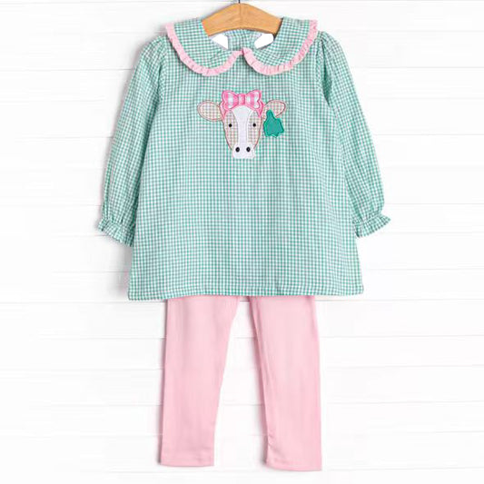 (Pre-order)GLP2926 Heifer Plaid Tunic Top Pink Pants Girls Clothes Set