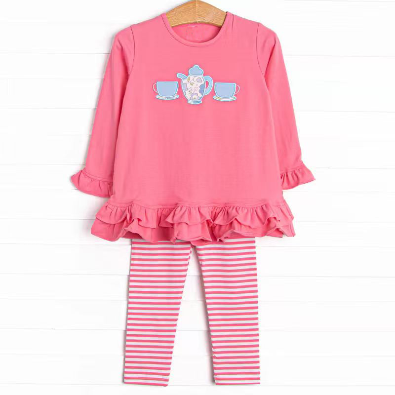 (Pre-order)GLP2927 Cup Pink Tunic Top Stripes Pants Girls Clothes Set