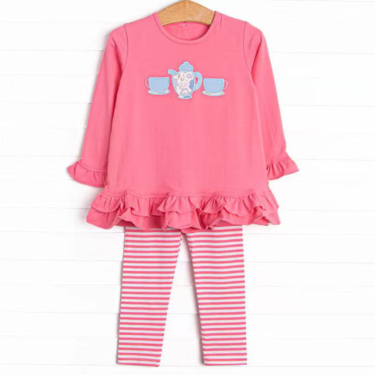 (Pre-order)GLP2927 Cup Pink Tunic Top Stripes Pants Girls Clothes Set