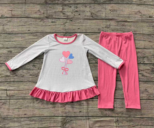 (Pre-order)GLP2929 Colorful Heart Plaid Tunic Top Pink Pants Girls Valentine's Day Clothes Set