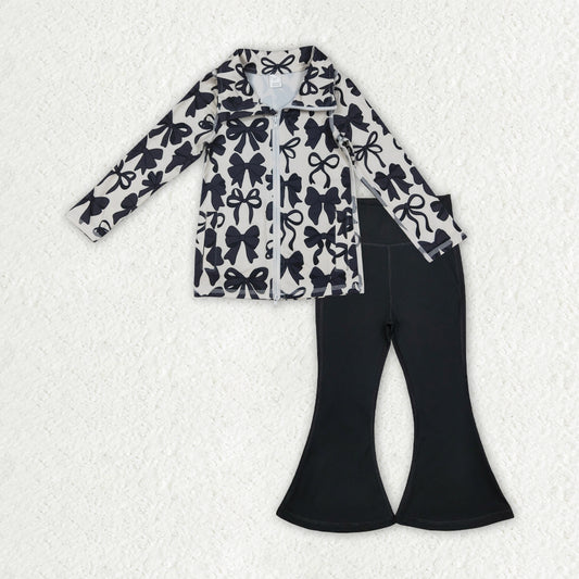 GLP2931 Bows Zipper Pullover Pockets Top Black Bell Pants Girls Yoga Clothes Set