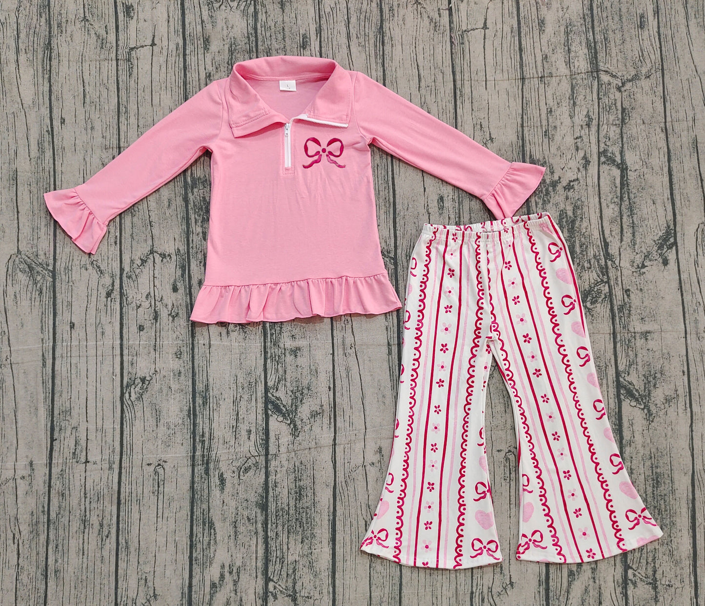 (Pre-order)GLP2934  Zipper Pullover Top Heart Heart Bows Flowers Pants Girls Valentine's Day Clothes Set