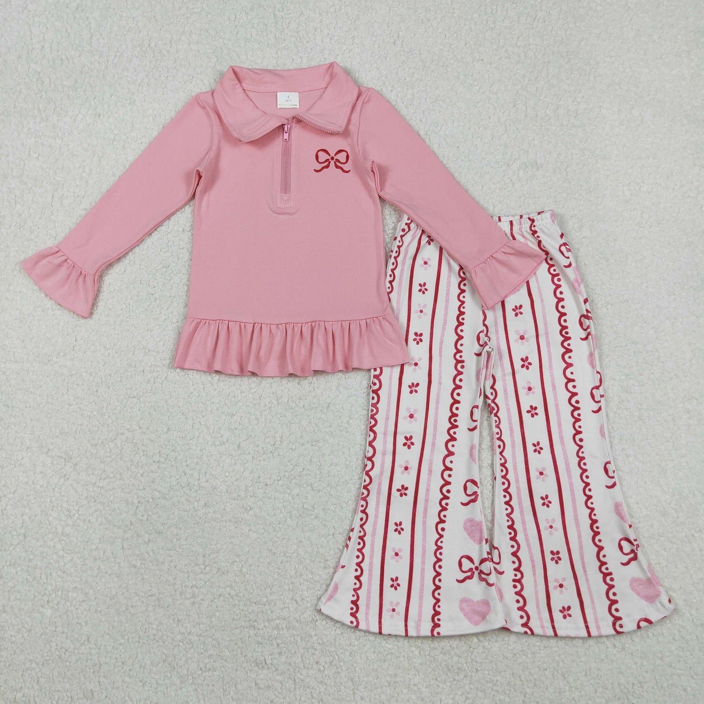 3 Colors Embroidery Zipper Pullover Top Bell Pants Girls Valentine's Day Clothes Set Sisters Wear