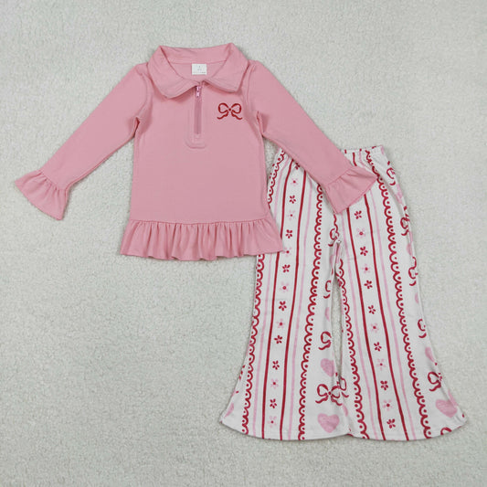 GLP2934  Bow Embroidery Zipper Pullover Top Heart Flowers Bell Pants Girls Valentine's Day Clothes Set