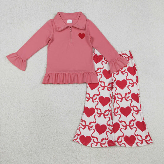 GLP2935  Heart Embroidery Pink Zipper Pullover Top Bows Bell Pants Girls Valentine's Day Clothes Set