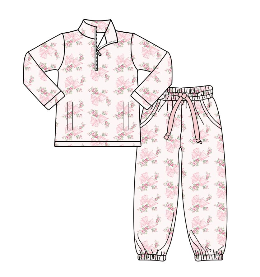 (Pre-order)GLP2941 Pink Flowers Bows Zipper Pullover Top Pockets Pants Girls Yoga Clothes Set