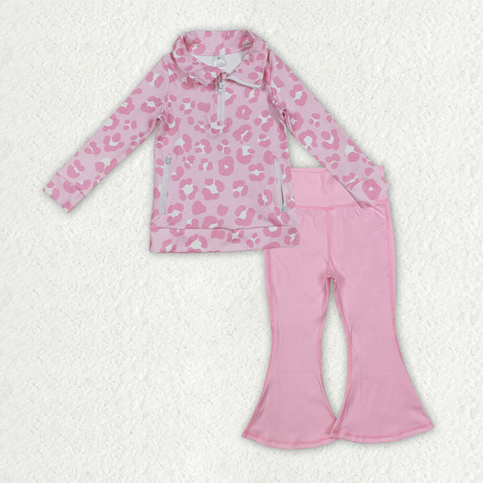 GLP2942 Pink Leopard Zipper Pullover Pockets Top Pink Bell Pants Girls Yoga Clothes Set