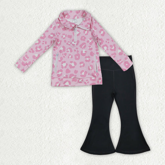 GLP2943 Pink Leopard Zipper Pullover Pockets Top Black Bell Pants Girls Yoga Clothes Set
