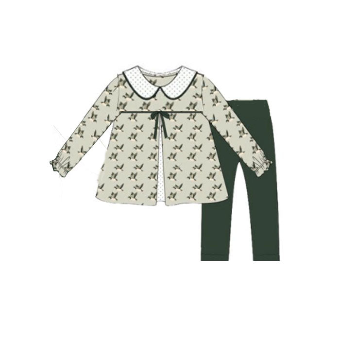 (Pre-order)GLP2944  Duck Tunic Top Green Pants Girls Fall Clothes Set