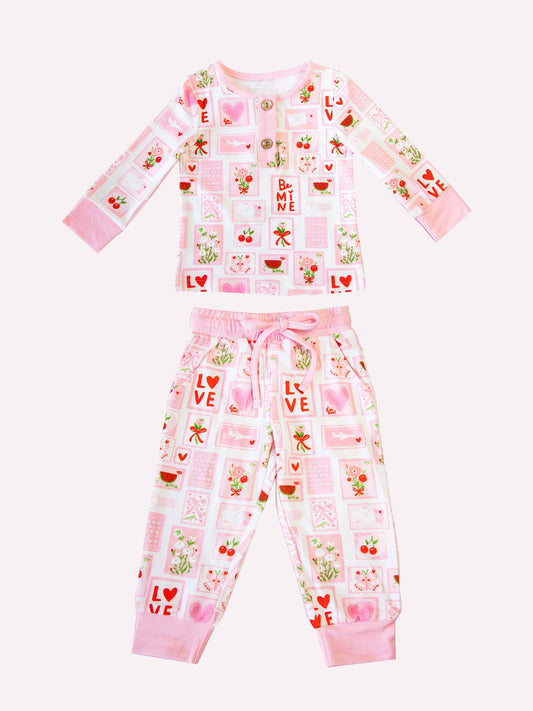 (Pre-order)GLP2946  LOVE Flowers Heart Pink Print Girls Valentine's Day Pajamas Clothes Set