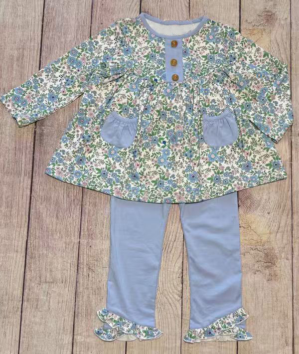 (Pre-order)GLP2953  Blue Flowers Tunic Top Blue Pants Girls Clothes Set