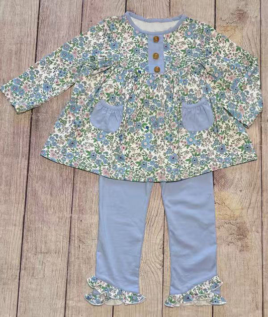 (Pre-order)GLP2953  Blue Flowers Tunic Top Blue Pants Girls Clothes Set