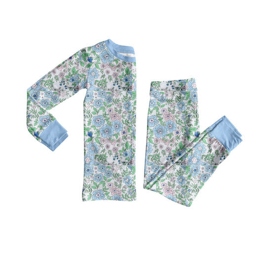 (Pre-order)GLP2955  Blue Flowers Print Girls Pajamas Clothes Set