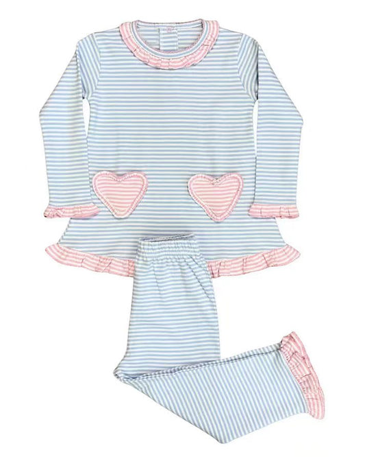(Pre-order)GLP2958  Heart Stripes Tunic Top Ruffle Pants Girls Valentine's Day Clothes Set