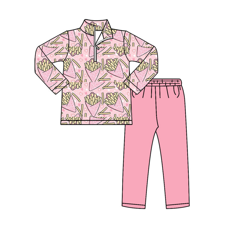 (Pre-order)GLP2959  Fries Heart Zipper Top Pink Pants Girls Valentine's Day Clothes Set