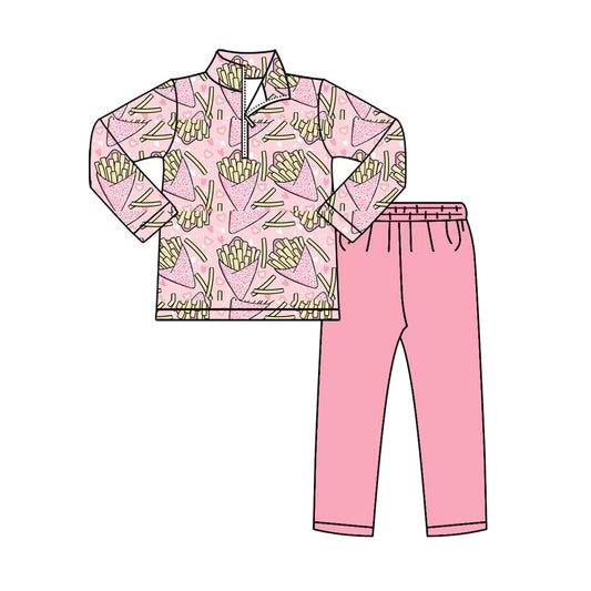 (Pre-order)GLP2959  Fries Heart Zipper Top Pink Pants Girls Valentine's Day Clothes Set