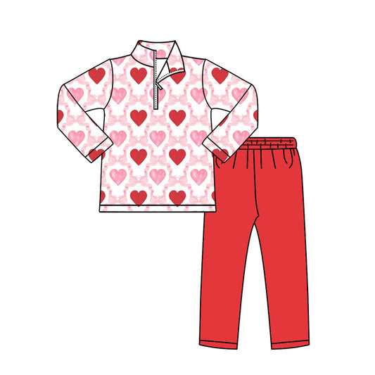 (Pre-order)GLP2960  Heart Bows Pink Zipper Top Red Pants Girls Valentine's Day Clothes Set