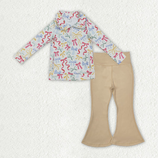 GLP2966 Colorful Bows Zipper Pullover Pockets Top Bell Pants Girls Yoga Clothes Set