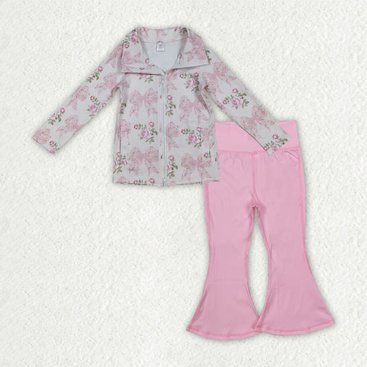 GLP2967 Flowers Bows Zipper Pullover Pockets Top Pink Bell Pants Girls Yoga Clothes Set