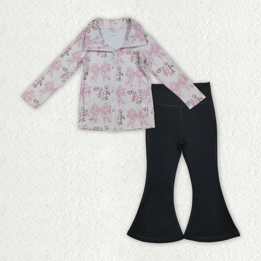 GLP2968 Flowers Bows Zipper Pullover Pockets Top Black Bell Pants Girls Yoga Clothes Set
