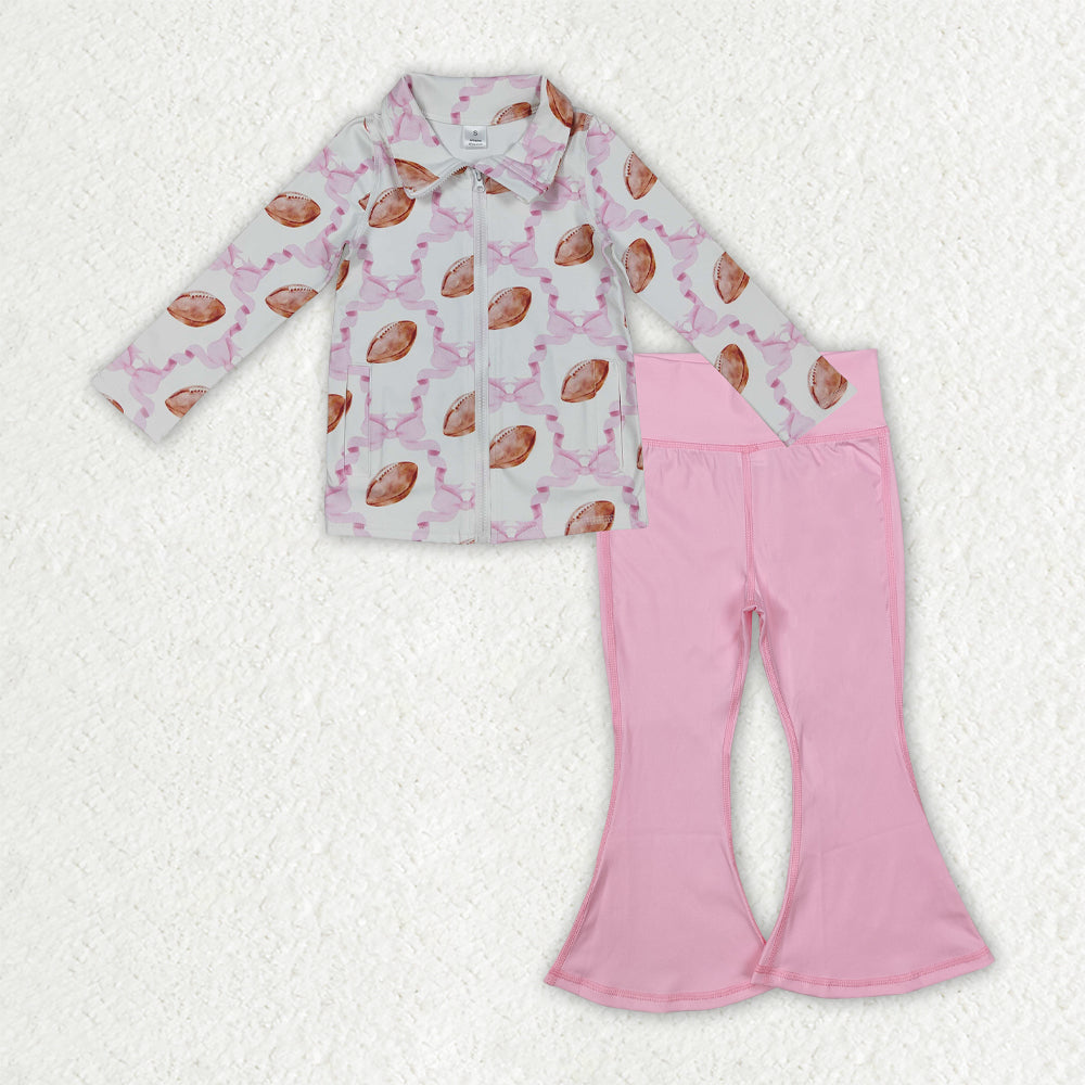 GLP2969 Football Bows Zipper Pullover Pockets Top Pink Bell Pants Girls Yoga Clothes Set