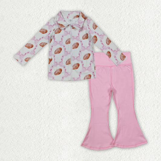 GLP2969 Football Bows Zipper Pullover Pockets Top Pink Bell Pants Girls Yoga Clothes Set