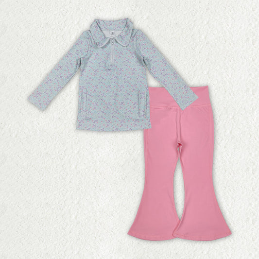 GLP2970 Flowers Zipper Pullover Pockets Top Pink Bell Pants Girls Yoga Clothes Set