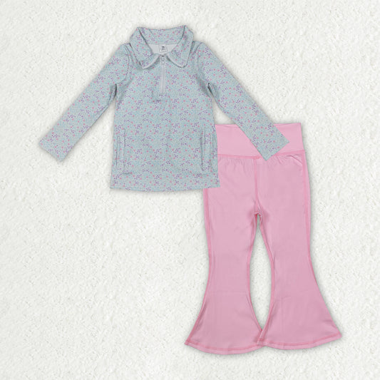 GLP2971 Flowers Zipper Pullover Pockets Top Light Pink Bell Pants Girls Yoga Clothes Set