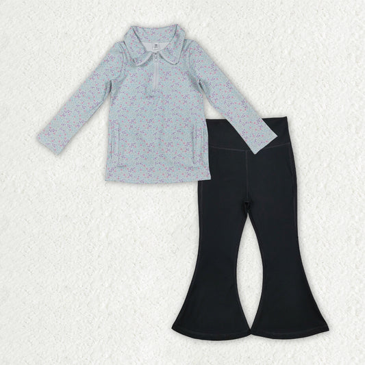 GLP2972 Flowers Zipper Pullover Pockets Top Black Pink Bell Pants Girls Yoga Clothes Set