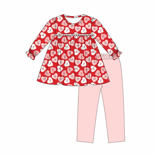 (Pre-order)GLP2974 XOXO Heart Red Tunic Top Pink Pants Girls Valentine's Day Clothes Set