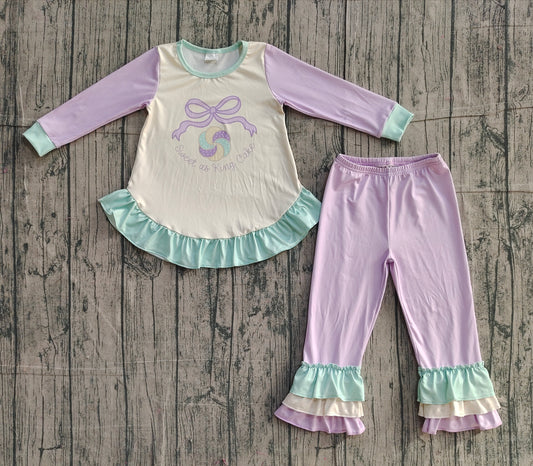 (Pre-order)GLP2979 Sweet Cake Bow Top Purple Ruffles Pants Girls Mardi Gras Clothes Set