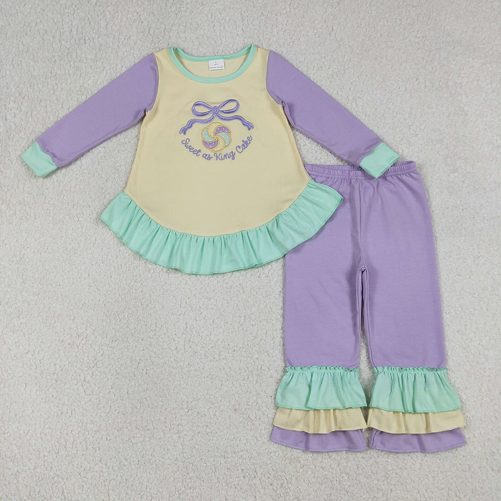 GLP2979 Sweet Cake Bow Embroidery Top Ruffles Pants Girls Mardi Gras Clothes Set
