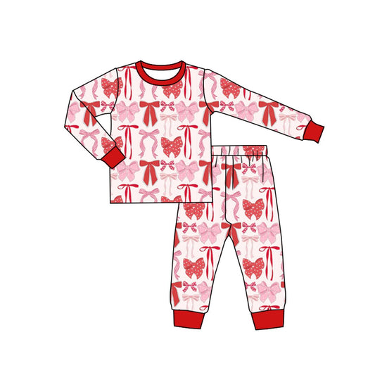 (Pre-order)GLP2983 Red Pink Bows Print Girls Valentine's Day Pajamas Clothes Set