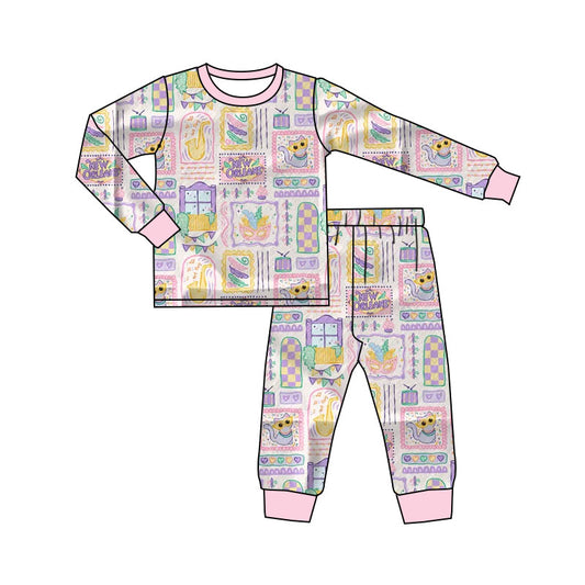 (Pre-order)GLP2986 Mask Plaid Pink Print Girls Mardi Gras Pajamas Clothes Set