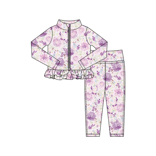 (Pre-order)GLP2998 Purple Flowers Print Zipper Top Legging Pants Girls Yoga Clothes Set