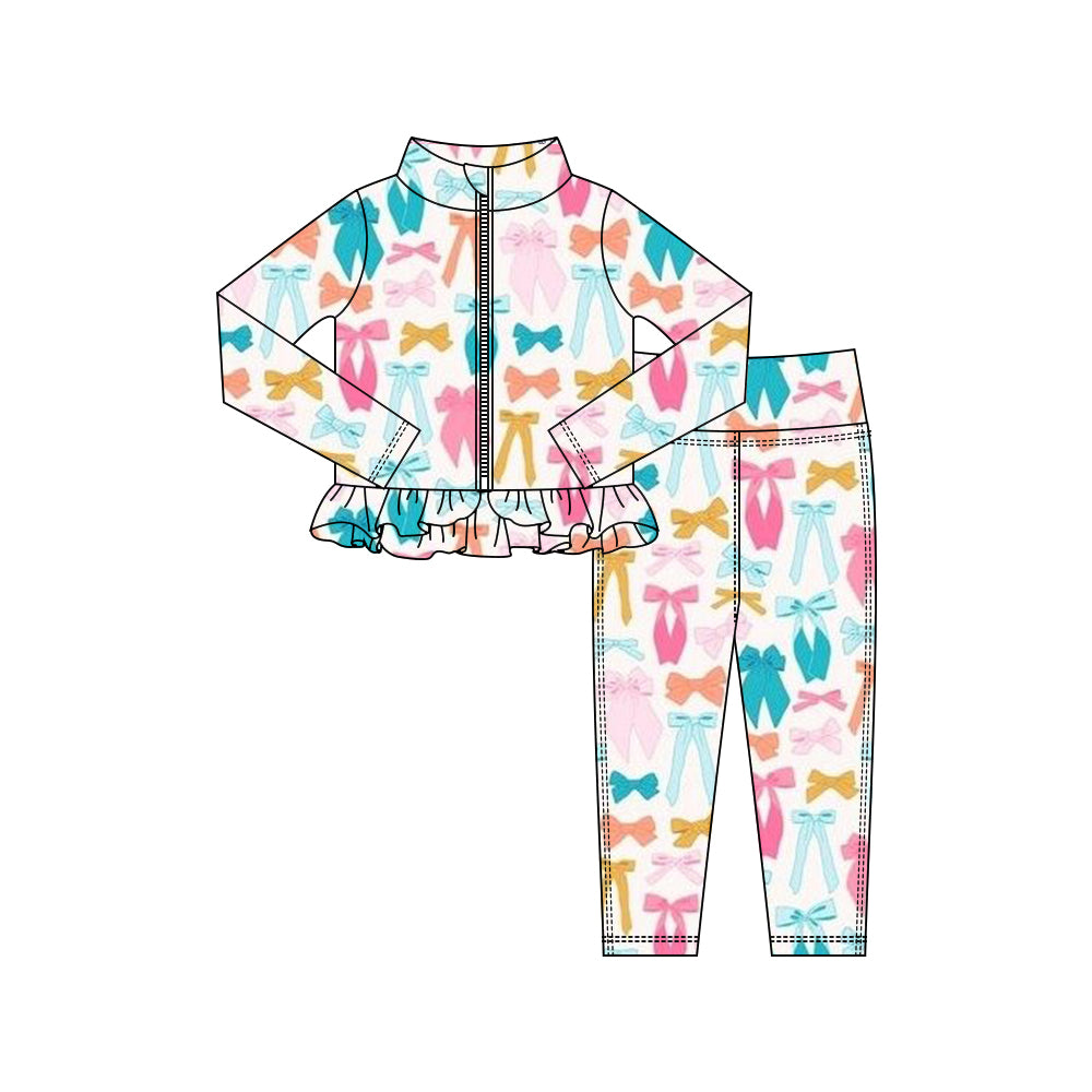 (Pre-order)GLP3000 Colorful Bows Print Zipper Top Legging Pants Girls Yoga Clothes Set