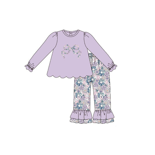 (Pre-order)GLP3019 Flowers Bow Purple Tunic Top Ruffles Pants Girls Clothes Set