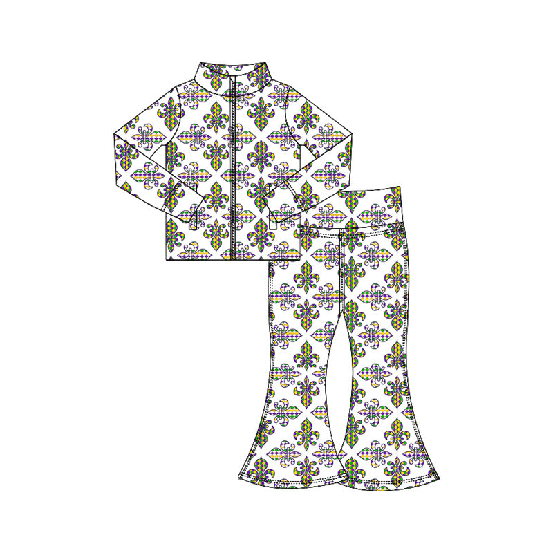 (Pre-order)GLP3025 Anchor Print Zipper Top Bell Pants Girls Mardi Gras Yoga Clothes Set