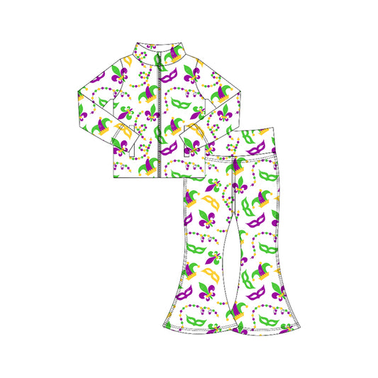 (Pre-order)GLP3026 Anchor Mask Hat Print Zipper Top Bell Pants Girls Mardi Gras Yoga Clothes Set