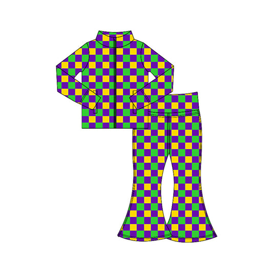 (Pre-order)GLP3027 Plaid Print Zipper Top Bell Pants Girls Mardi Gras Yoga Clothes Set