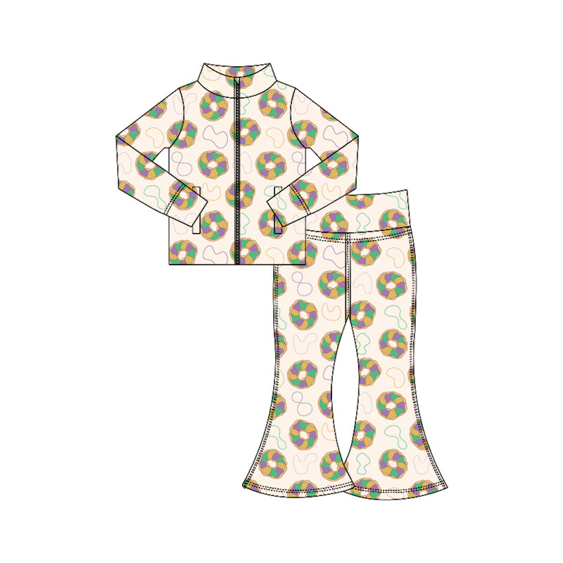 (Pre-order)GLP3028 Donut Print Zipper Top Bell Pants Girls Mardi Gras Yoga Clothes Set