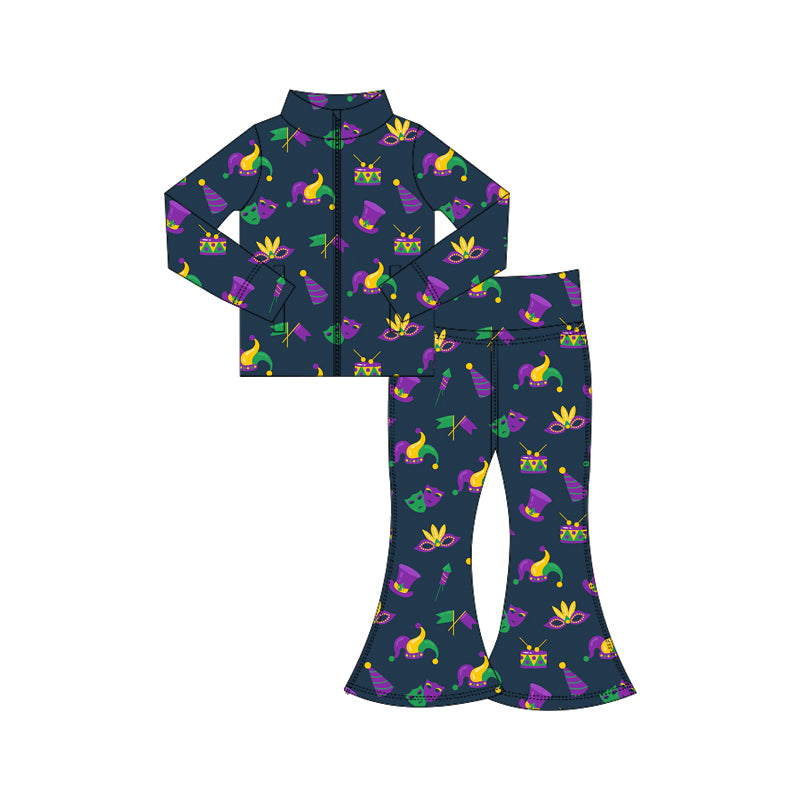 (Pre-order)GLP3032 Mask Hat Print Zipper Top Bell Pants Girls Mardi Gras Yoga Clothes Set