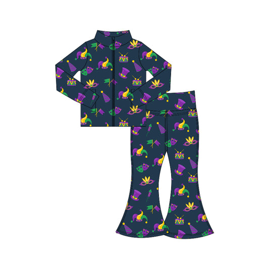 (Pre-order)GLP3032 Mask Hat Print Zipper Top Bell Pants Girls Mardi Gras Yoga Clothes Set