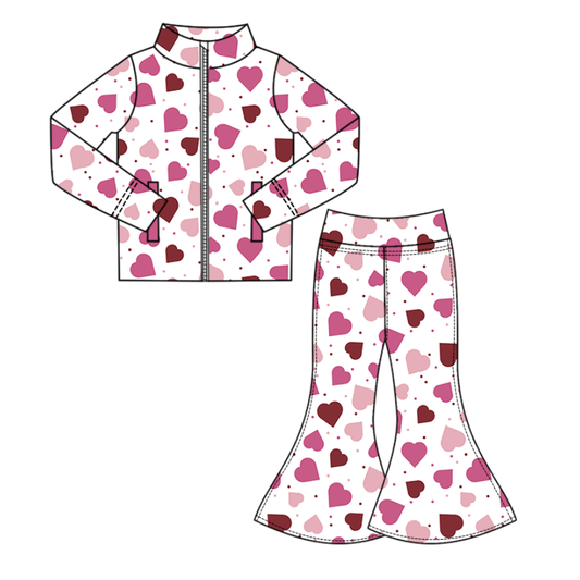 (Pre-order)GLP3035 Heart Print Zipper Top Bell Pants Girls Valentine's Day Yoga Clothes Set
