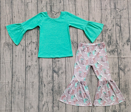 (Pre-order)GLP3036 Green Top Sock Plaid Bell Pants Girls Christmas Clothes Set