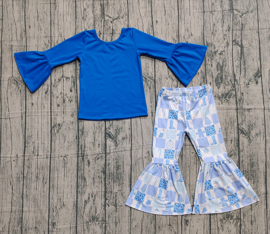 (Pre-order)GLP3037 Blue Top Santa Boots Plaid Bell Pants Girls Christmas Western Clothes Set