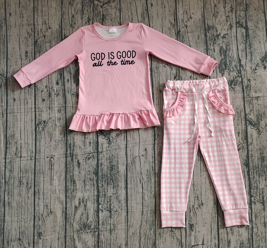 (Pre-order)GLP3038 GOD IS GOOD all the time Top Plaid Pockets Pants Girls Clothes Set