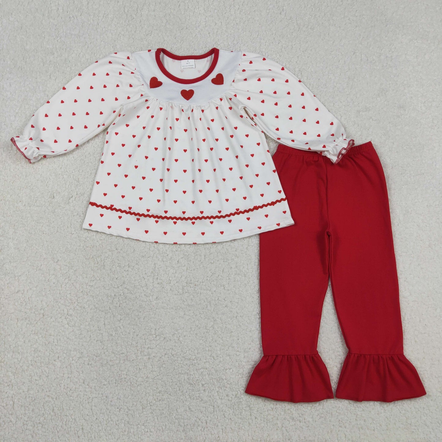 Hearts Embroidery Tunic Top Red Pants Girls Valentine's Day Clothes Set Sisters Wear
