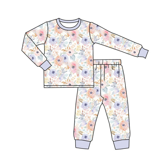 (Pre-order)GLP3048 Purple Pink Flowers Print Girls Pajamas Clothes Set