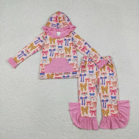 GLP3049 Colorful Bows Print Girls Hoodie Ruffles Clothes Set